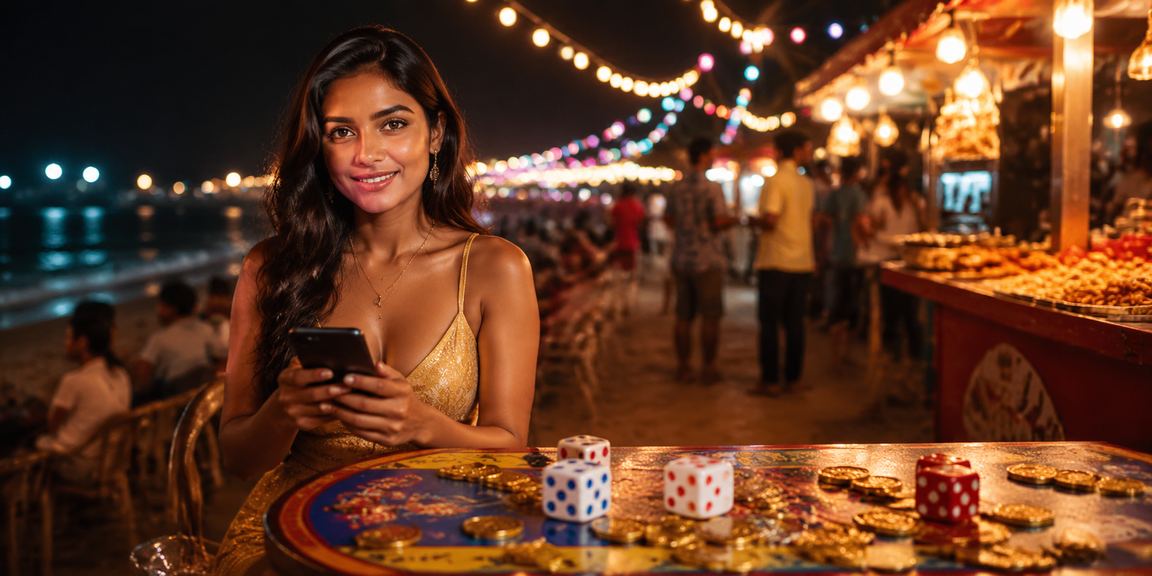 Relaxed player enjoying online dice game on an Indian beach